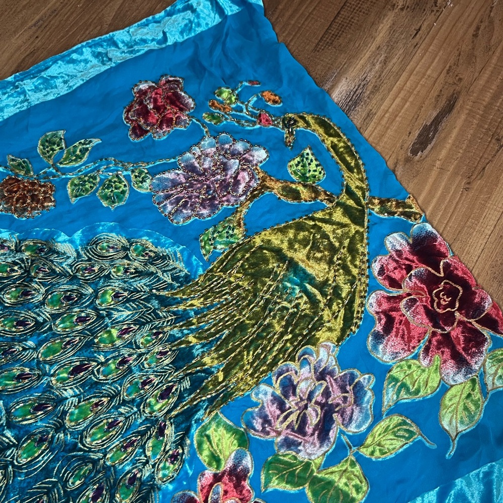 VTG Panne Silk Scarf Beaded Crushed Velvet Shawl Peacock Turquoise Floral Wrap - Picture 8 of 11